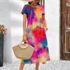 Summer Short Sleeves Dresses Classy Colour Clash Woman Clothing Long Dress 3d Tie-Dye Women's Clothing Loose Round Neck Pullover
