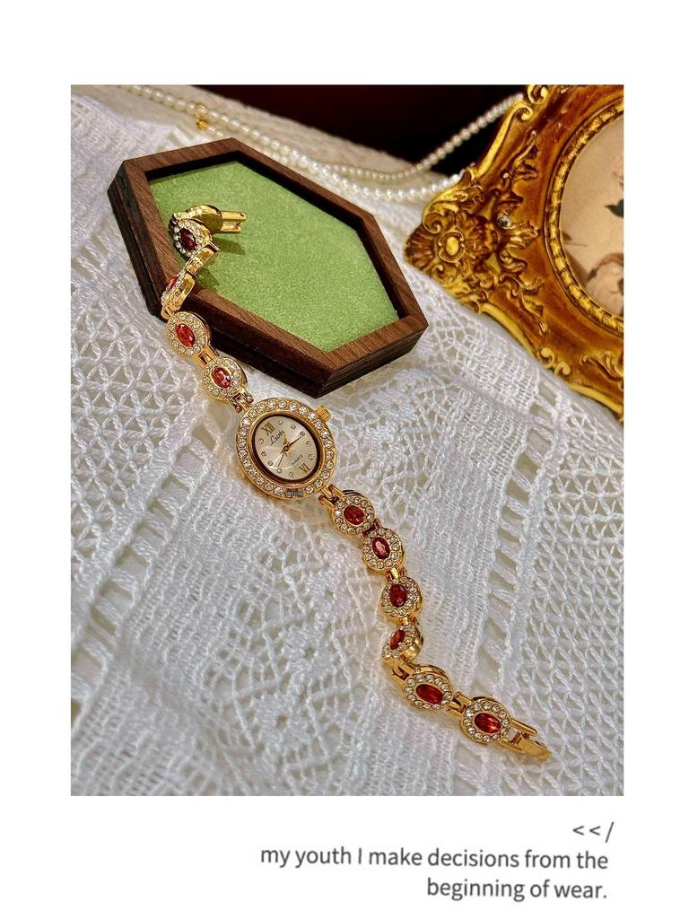 LSVTR Женские винтажные модные овальные часы класса люкс с радужным светом и красным и зеленым драгоценным камнем