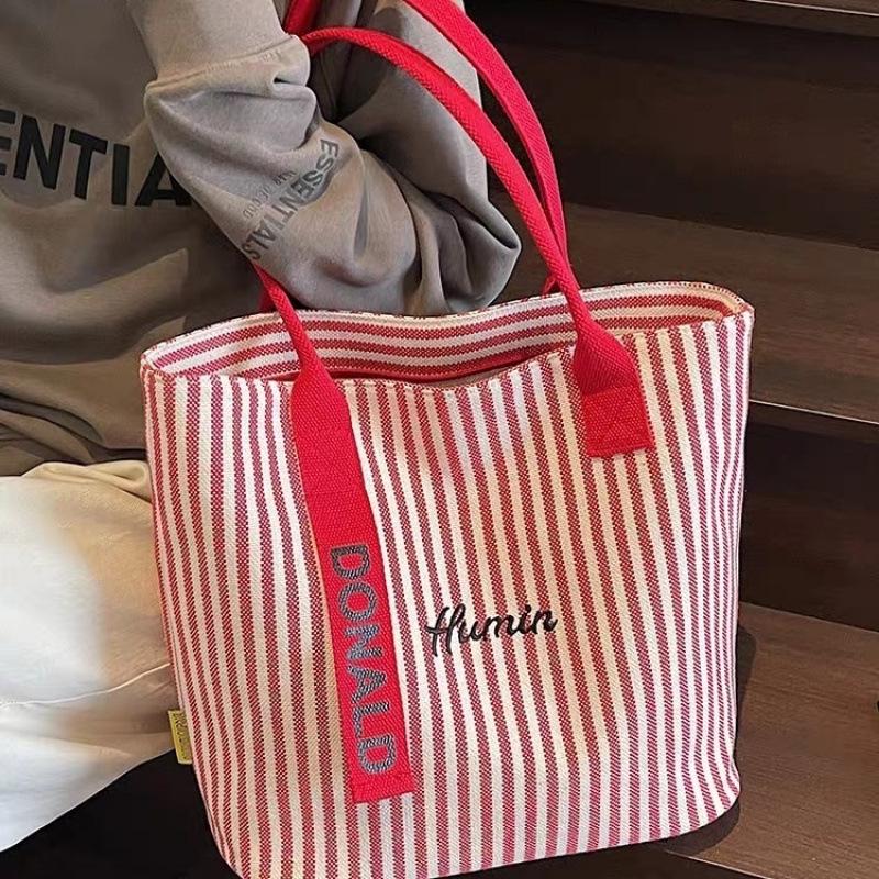 2025 New Women's Large Capacity Canvas Tote: Summer Striped Korean Style Shoulder Handbag