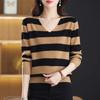 V-neck Striped Knitted Bottom Shirt Spring Autumn New Women's Loose Thin Sweater Top Long Sleeve Blouse S-4XL