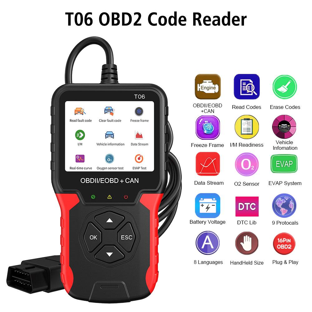 Автомобильные аксессуары OBD2 сканер T06 Check Engine System Code Reader Многоязыковая поддержка Автомобильный диагностический инструмент Тестер аккумулятора