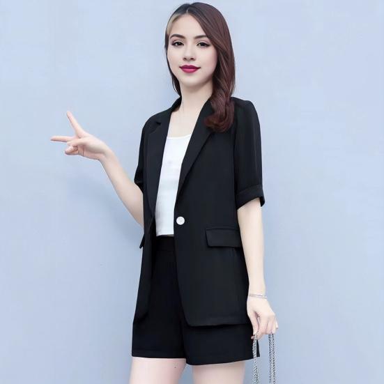 2 Piece Women Casual Outfit Lapel Short Sleeve Blazer Shorts Solid Color OL Style Single Button Blazer Shorts Set Elegant Office Suit