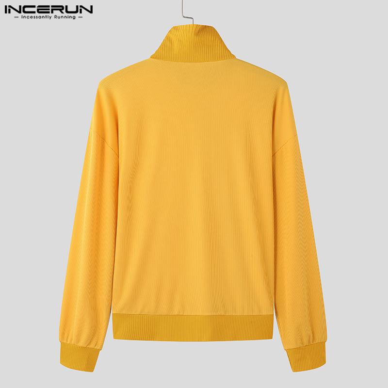 INCERUN Мужские футболки с длинным рукавом и застежкой-молнией в рубчик, повседневные водолазки