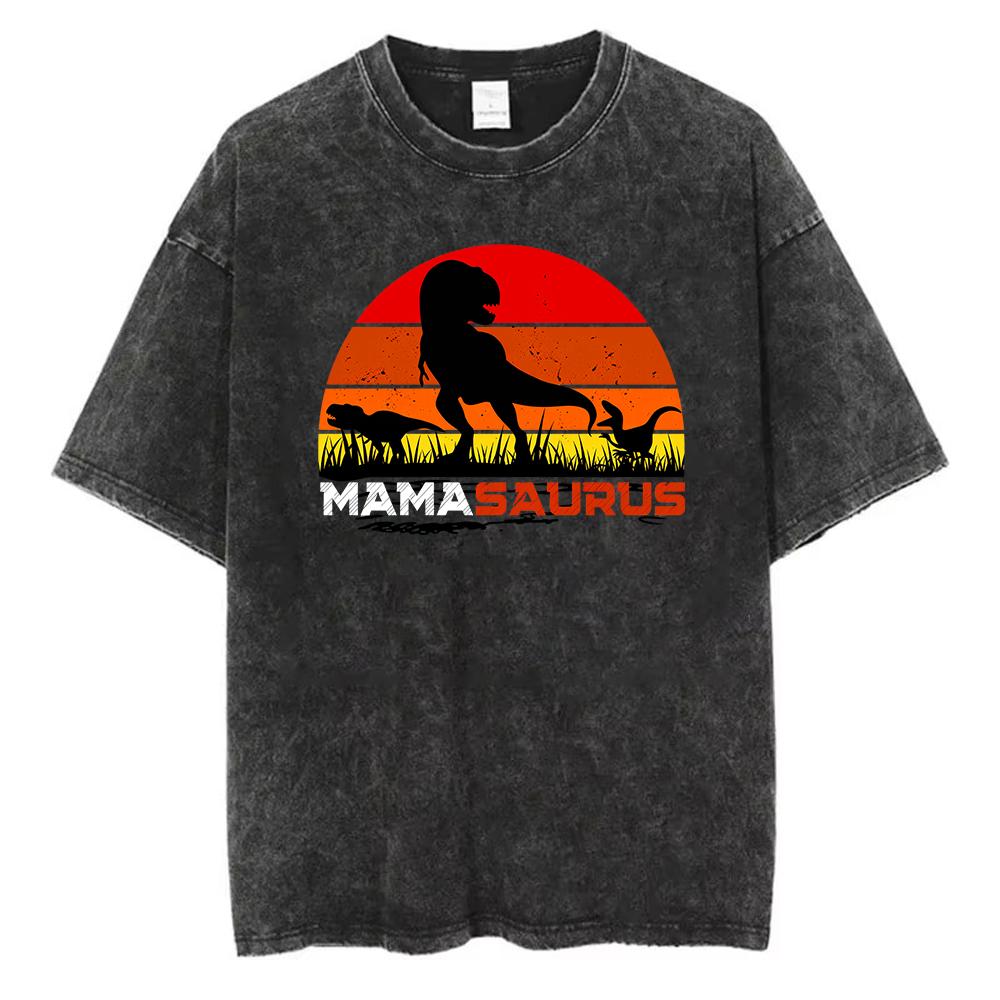 Vintage Washed Cotton TShirt Women Mamasaurus Graphic Tee Mothers Day Gift Acid Wash Retro Dinosaur Streetwear Top