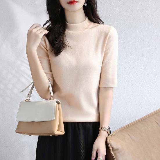 Women Sweater Half High Collar Half Sleeve Knitting Tops Solid Color Slim Fit Sweater Tops Commuting Street Wear