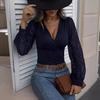 Women Tops V-Neck See-Through Lantern Long Sleeves Tee Shirt Solid Color Slim Fit Pullover Tops Daily Wear