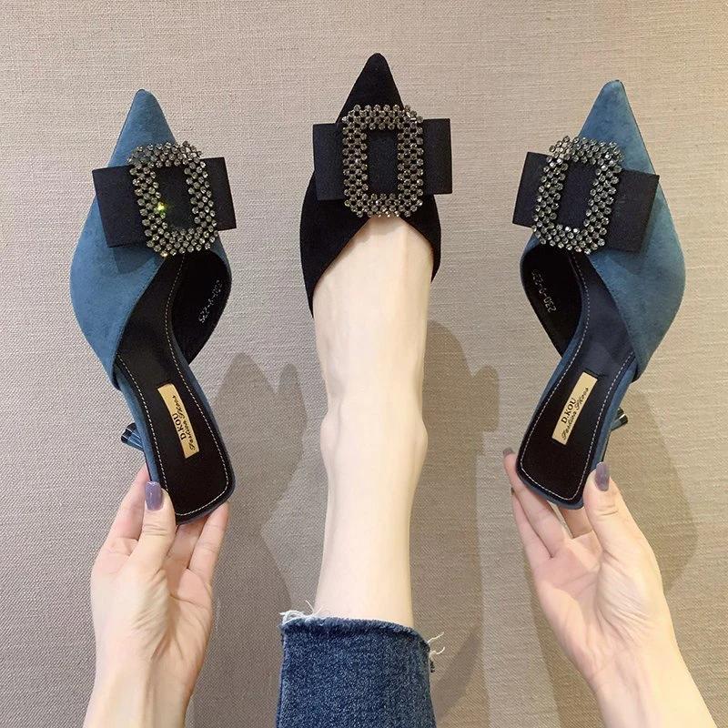 Модные женские туфли 2024 года с закрытым носком и бабочкой-узлом, женские тапочки, повседневные туфли на квадратном каблуке, мокасины, шлепанцы, средние, роскошные, с острым носком