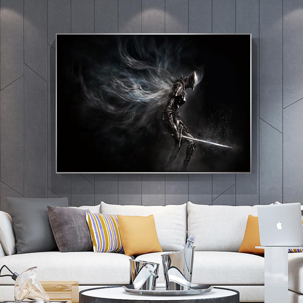 Черная душа Темный самурай Черный фон Абстрактное искусство Холст Картина Винтаж Портрет Сюрреализм Плакаты Печать Гостиная Домашний декор стен Фотографии