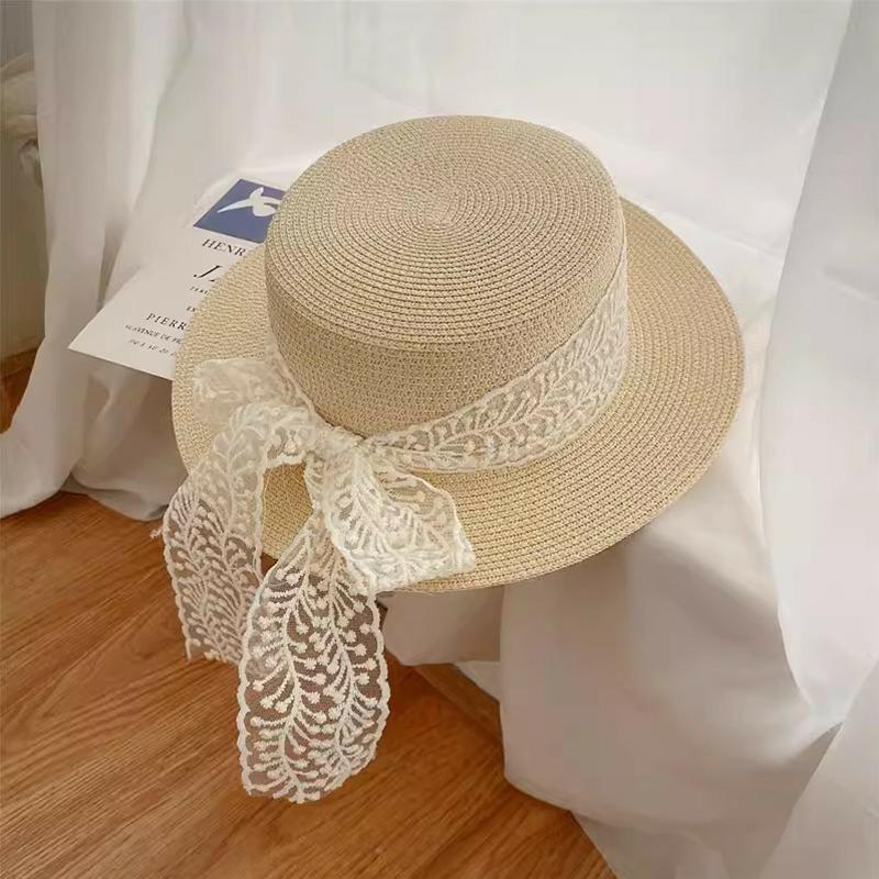 Summer Beach Straw Hat For Women Lace Bow Wide Brim Sun Protection Hat Travel Fashion Vacation Sunscreen Cap Mountaineering Hat