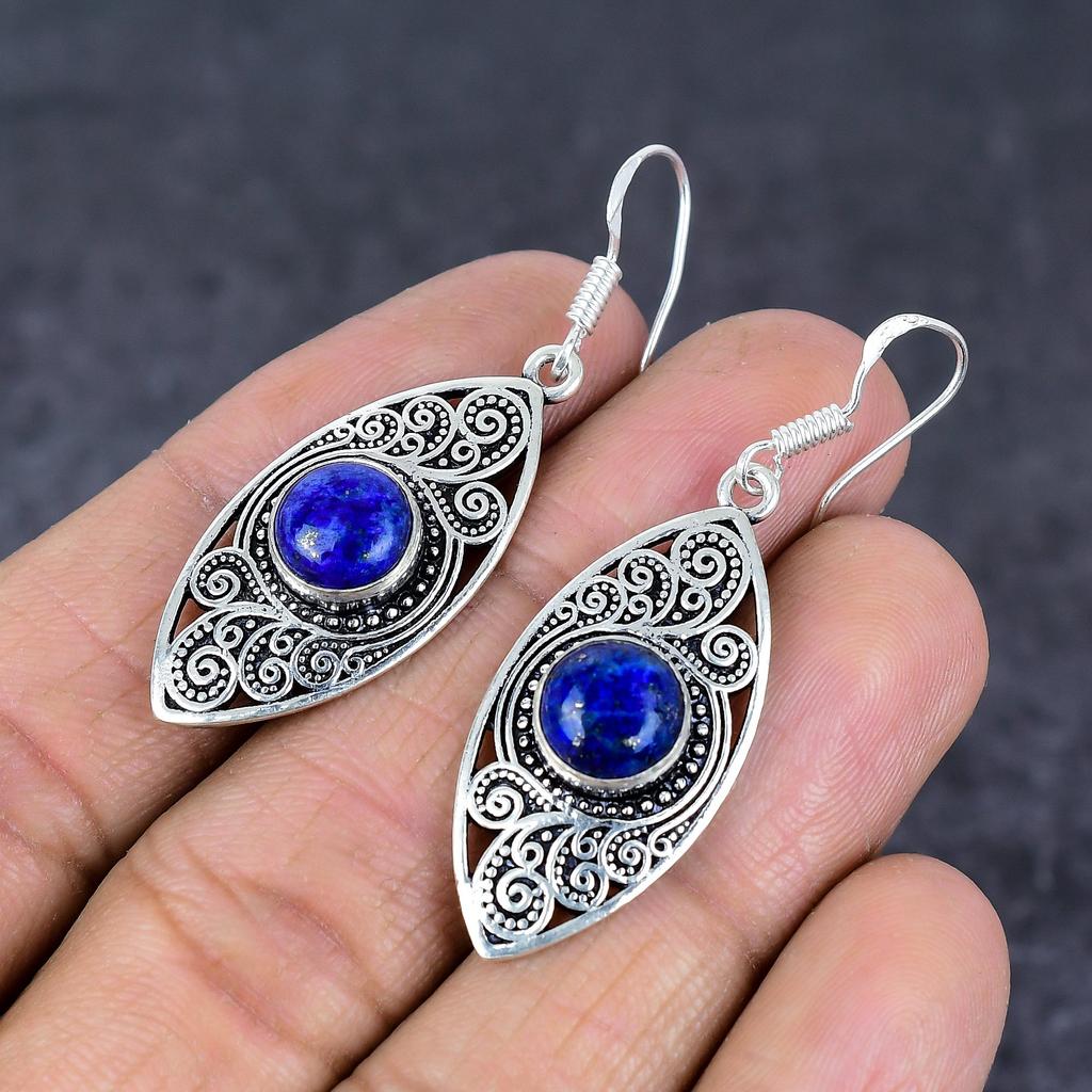 Natural Lapis Lazuli Gemstone 925 Sterling Silver Jewelry Earring 1.97" J9J48