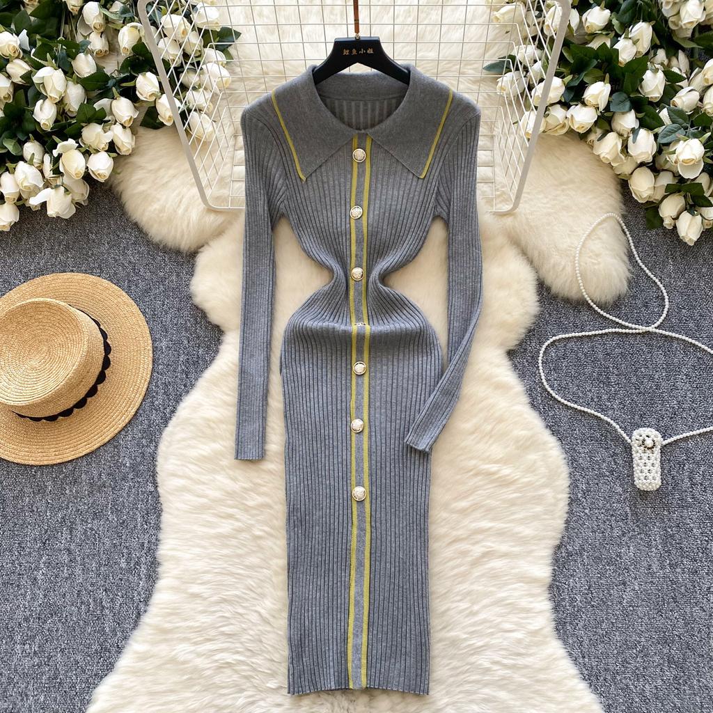Autumn Winter Women Knitted Dresses 2024 Vintage Patchwork Striped Long Sleeve Bodycon Sexy Chic Long Dress