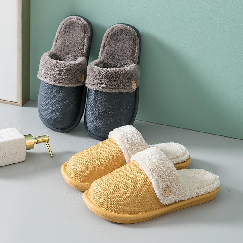 Female And Male Waterproof Cotton Slippers Female's Winter Warm Household Non-Slip Indoor Button Solid Color Plush Slipper