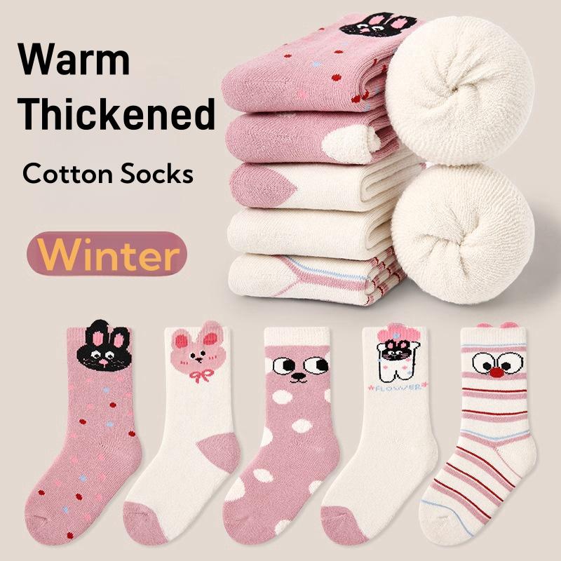 Зимние носки для девочек, теплые носки, новейшие детские термоноски, детские утепленные хлопковые носки, носки с изображением кролика из мультфильма, 5 пар/лот