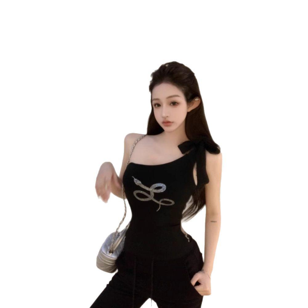 Шикарный черный топ-майка на одно плечо со стразами - Женская летняя майка без рукавов