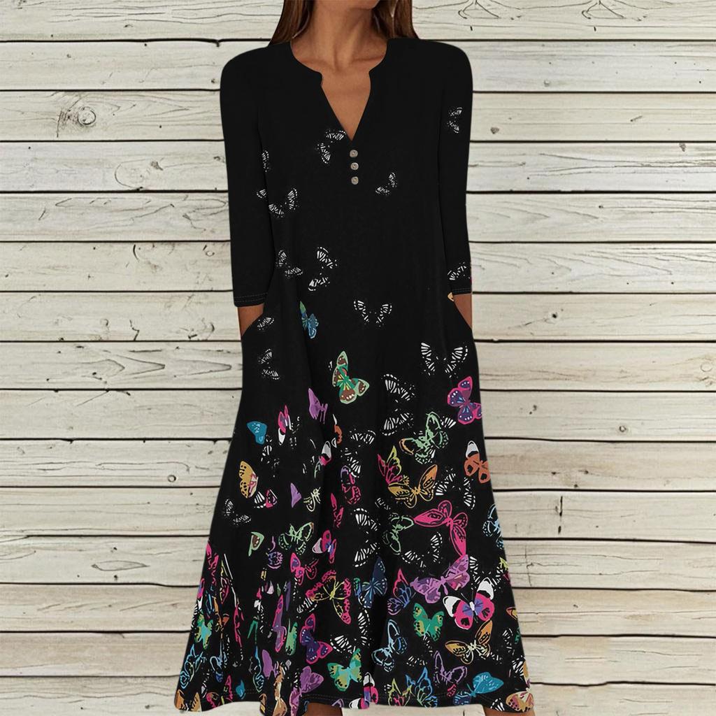 Женское летнее повседневное платье с V-образным вырезом на пуговицах, винтажным цветочным принтом, рукавом три четверти, длинное, с карманами