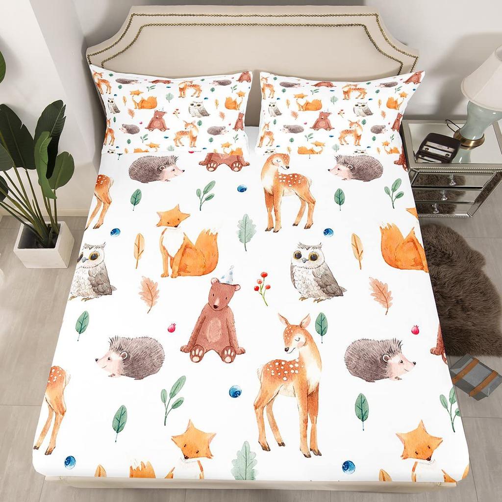Cartoon Animal Fox Owl Hedgehog Deer Pattern Bed Hat Four-piece Set Bedroom Dormitory Bedding Decoration