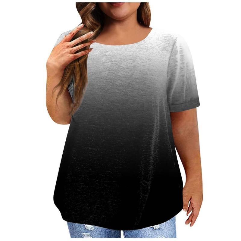 Women's Vintage Gradient Pleated 3D Short Sleeve Casual Imitation Cotton T-shirt Plus Size Pullover Basic Top