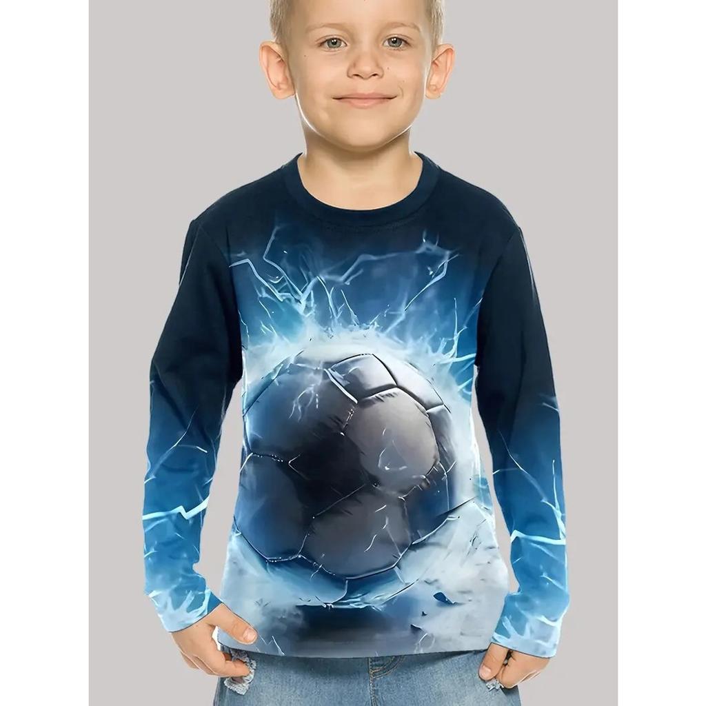 Spring and Autumn Round Neck 3D Football Printed Top Fashionable Casual Long Sleeved Children's Boy T-shirts