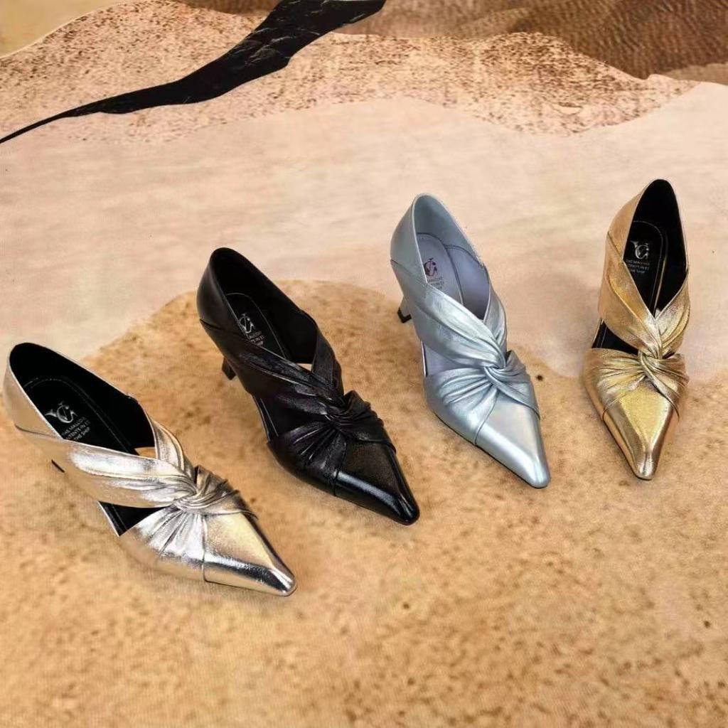 Huge Look~! 5CM Cross with Pointed Tip Hollow Pleated Single Shoes Women's Gold Retro Inner Heel Small Leather Shoes