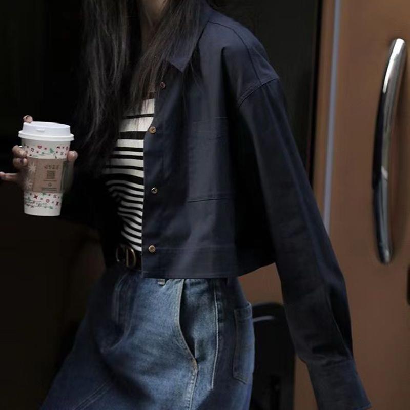 Женские белые укороченные рубашки, уличные женские пальто с длинным рукавом, повседневные топы на пуговицах