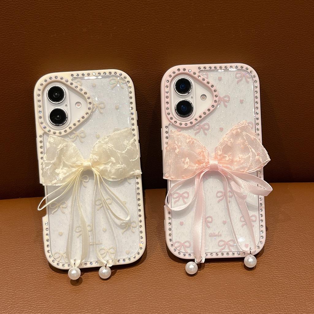 For iPhone 16 Plus Case Two Bow Epoxy Design TPU+PC Phone Back Cover Rhinestone Decor