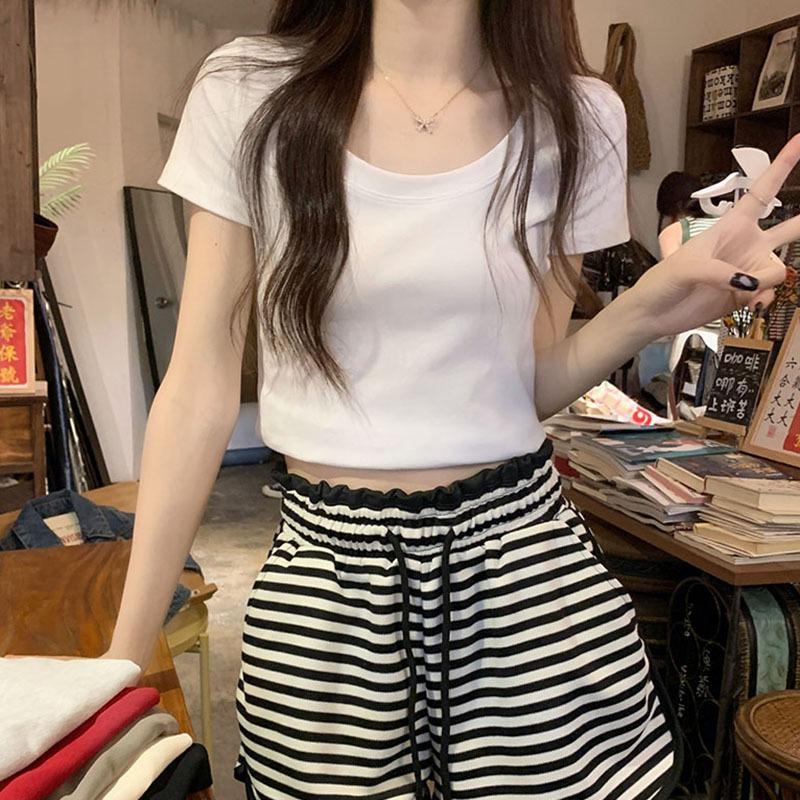 Однотонная футболка с круглым вырезом на правом плече для женщин, летняя, из чистого хлопка, эластичная, тонкая, короткая, горячая, для девушек, с короткими рукавами