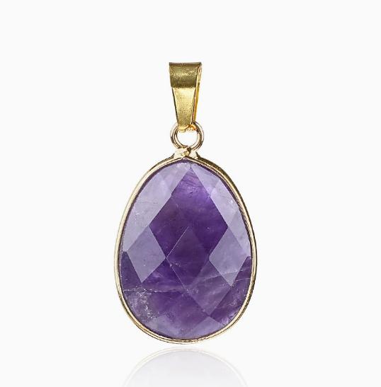 Natural Gemstone Drop Pendant Gold Edge Gemstone Faceted Oval Charm Semi-precious Crystal Necklace Pendant Amethyst Quartz Agate