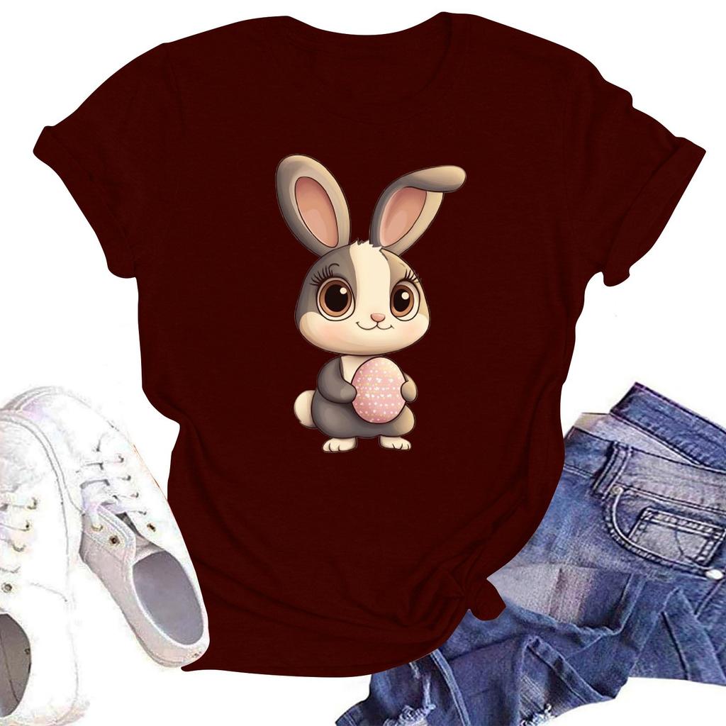 Happy Easter Women's Fashion Printed Round Neck Short Sleeve T-Shirt Pullover Top