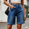 Женские модные однотонные джинсовые шорты длиной пять четвертей с карманами, отверстиями и подвернутыми краями