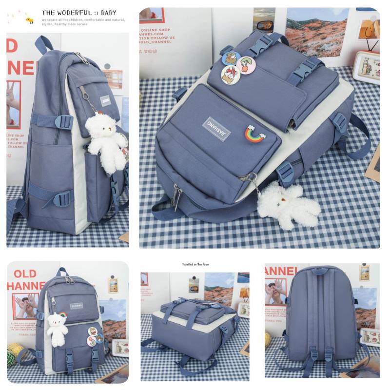 Корейская версия, женский холщовый рюкзак большой емкости, комплект из 4 предметов, рюкзак для средней школы, простые износостойкие школьные сумки с сумкой для ручек