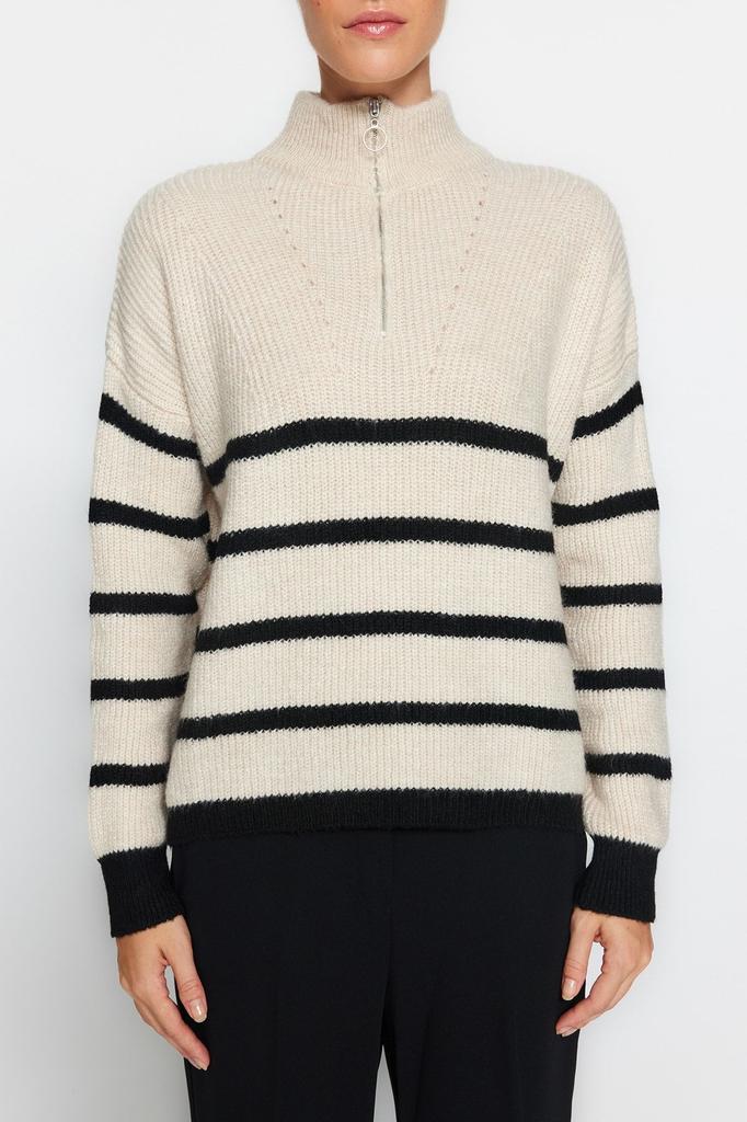 Женский свитер в элегантном стиле, мягкий текстурированный трикотаж в полоску на молнии, свитер с камнем