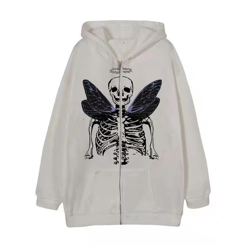 Dark Style Sweatshirt Ladies Hoodie Goth Couple Butterfly Skull Harajuku Large Size Zip Sweater