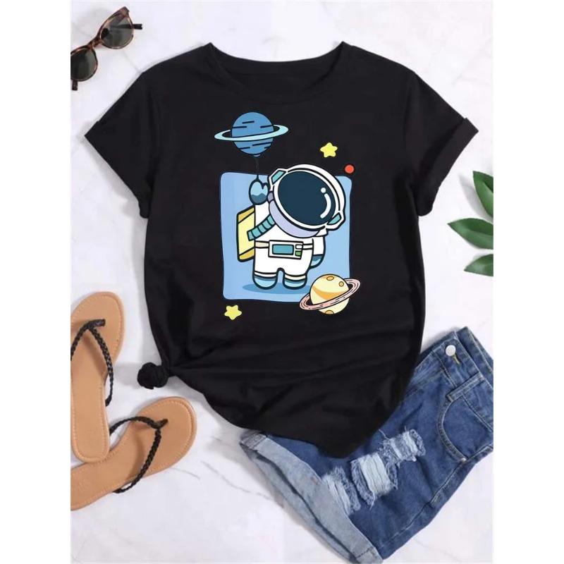 Футболка женская с принтом луны и планеты, модные футболки, повседневная, с круглым вырезом, с коротким рукавом, женская футболка в уличном стиле, винтажные топы