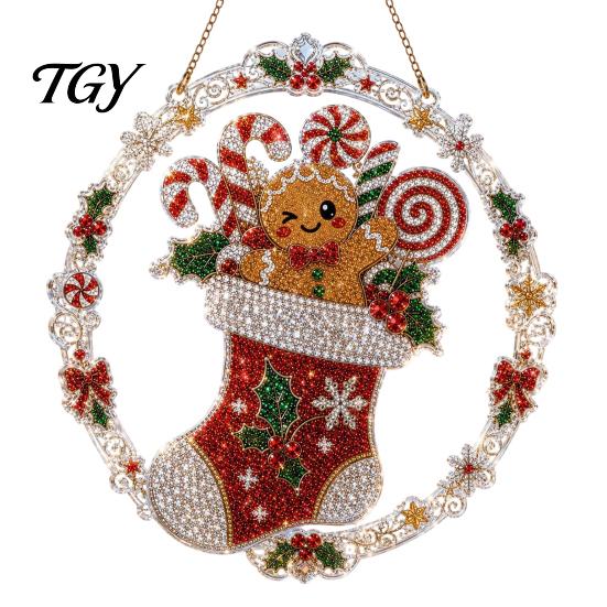 Decorative Acrylic Craft Christmas Faux Diamond Art Suncatcher, 2D Flat Window Hanging Ornament, Ornament Beaded Pattern Holiday Decoration for Home,