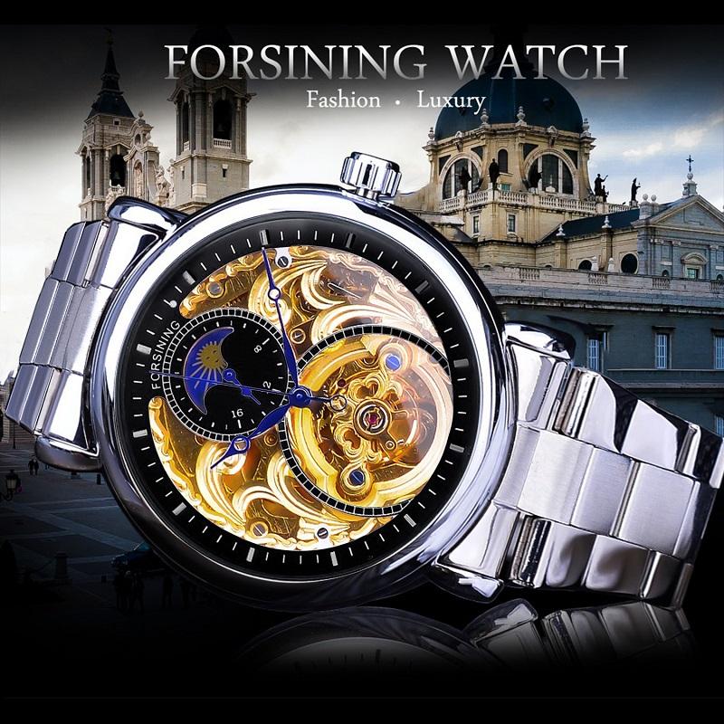 Forsining Мужская мода, отдых, полая луна и механические часы с полой поверхностью