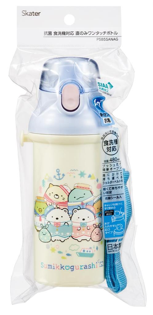 Skater Пластиковая бутылка для воды 480 мл, одно нажатие, антибактериальная, для детей, легкая, антибактериальная обработка, сделано в Японии, Sumikko Gurashi Shirokuma