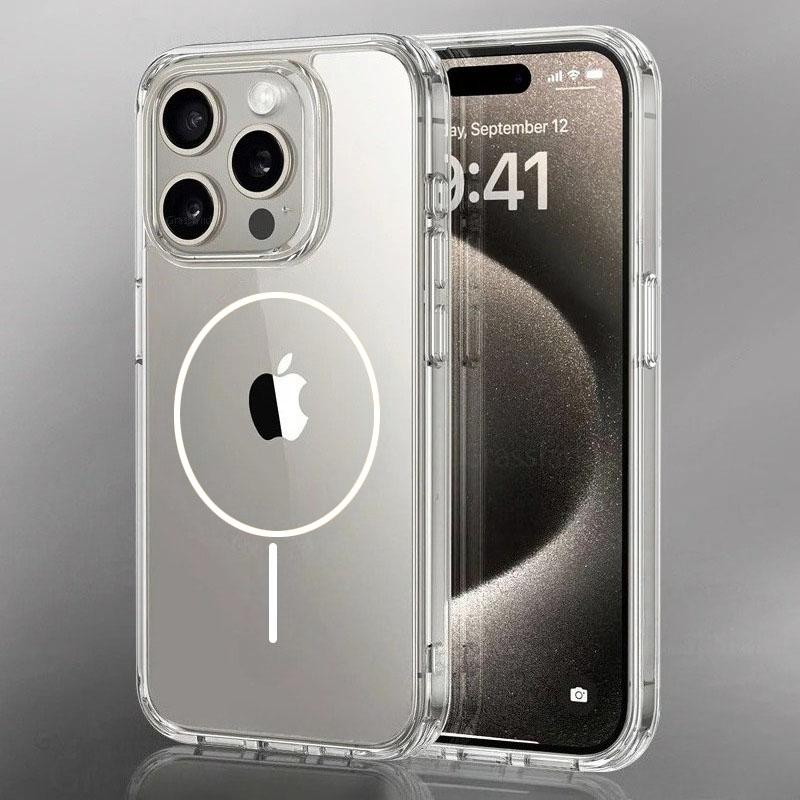 Роскошный тонкий чехол с магнитной беспроводной зарядкой Magsafe для iPhone 16 15 14 Pro Max 13 12 Mini 11 16e Plus Прозрачная задняя крышка