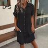 Women's Cotton Linen Dress Casual Button Down V-neck Dress with Pockets Summer Short Sleeve Beach Sundress