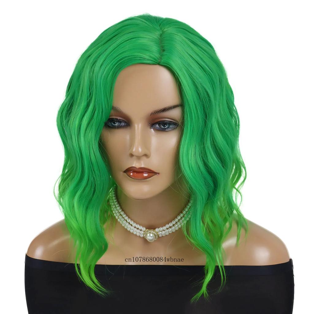 Synthetic Hair Green Wigs for Women Short Curly Wavy Wig with Side Part Bangs Heat Resistant Girls Party Halloween Cosplay Wig
