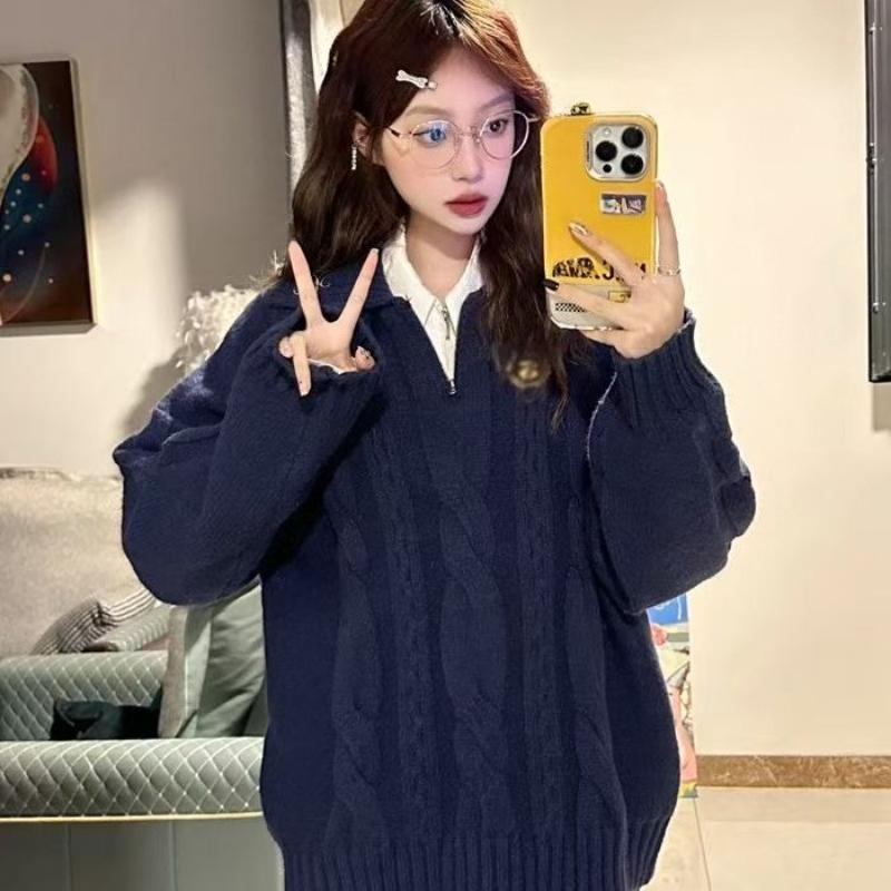 Woman Fried Dough Twists Embroidery Sweater College Style Lapel Half Zipper Pullover Autumn Loose and Simple Female Outerwear