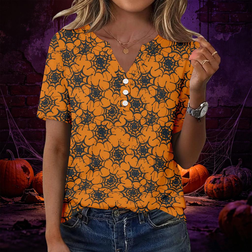 Women V Neck Short Sleeve T Shirt with Decorative Buttons Halloween Pumpkin Printed Casual Loose Fit Top for Daily Wear