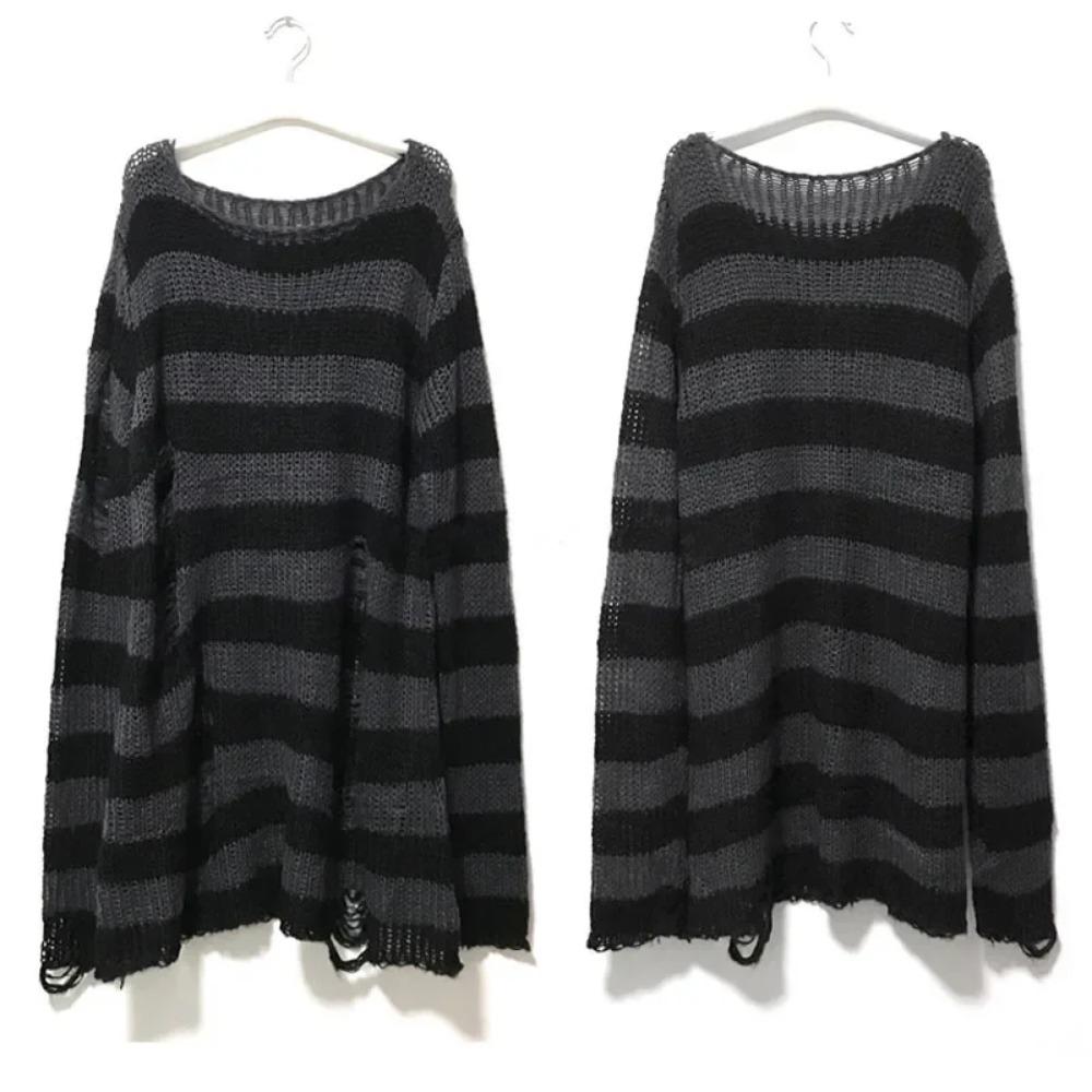 New Goth Punk Gothic Sweater Oversized Pullovers Women Striped Cool Hollow Out Hole Broken Jumper Harajuku Aesthetics Sweater