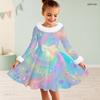 Girls High Neck Long Sleeve Pastel Printed A Line Flared Dress With Faux Fur Trim Big Bow