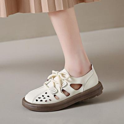 2024 Новые женские туфли Летние дышащие полые кожаные сандалии Мягкая подошва на шнуровке Повседневная обувь Модные босоножки на платформе с плоским каблуком