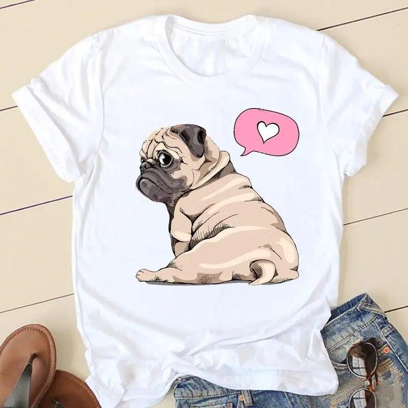 Women T-shirts 90s Love Pug Dog Ladies Fashion Clothing Short Sleeve Cartoon Clothes Spring Summer Female Tee Graphic Tshirt