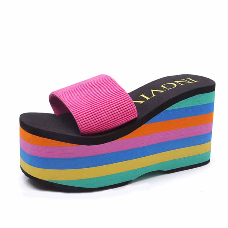 2023 Summer Women Sandals Rainbow Wedges Beach Flip Flops Home Slipper Ladies Outdoor  Heels Shoes Non Slip Soft Zapatos Mujer