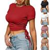 Summer Fashion Women Ribbed Crop Top Drawstring Round Neck Blouse Short Sleeve T-shirt