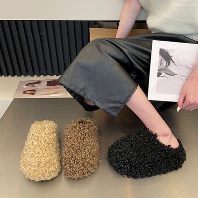 Меховые туфли из флока, зимние женские тапочки, пантофлеры, средняя платформа, закрытый носок, плюшевые 2024, римские копыта, каблуки, домашние тапочки, обувь