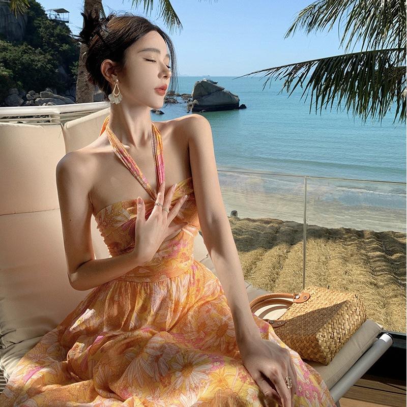 Ladies Summer Seaside Holiday Printed Chiffon Backless Halter Dresses