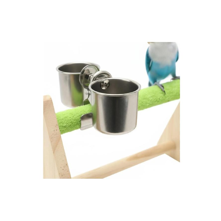 Desktop Avian Perch with Feeding Cups Rough Surface Triangle Avian Stand Wooden Parrot Training Perch Portable Pet Accessory